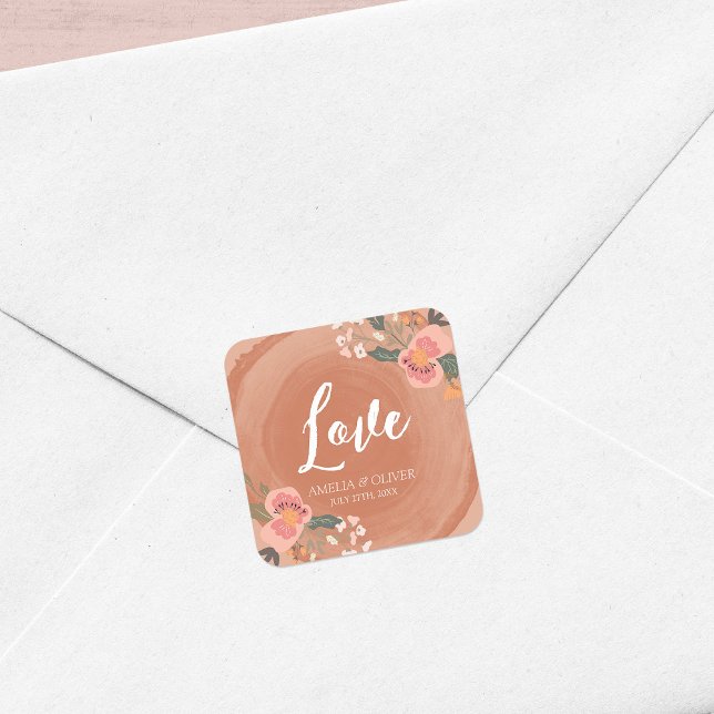 Brown Wood Rustic Floral Wedding Love Square Sticker (Creator Uploaded)