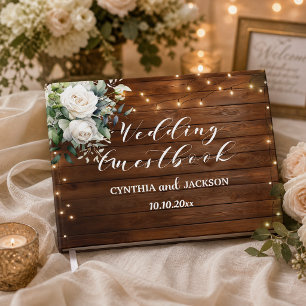 Brown Wood Rustic String Lights Floral Wedding Guest Book