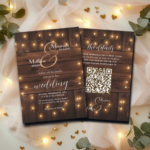 Brown Wood Rustic String Lights QR Code Wedding Invitation
