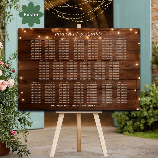 Brown Wood String Lights 20 Tables Wedding Seating Poster (Creator Uploaded)
