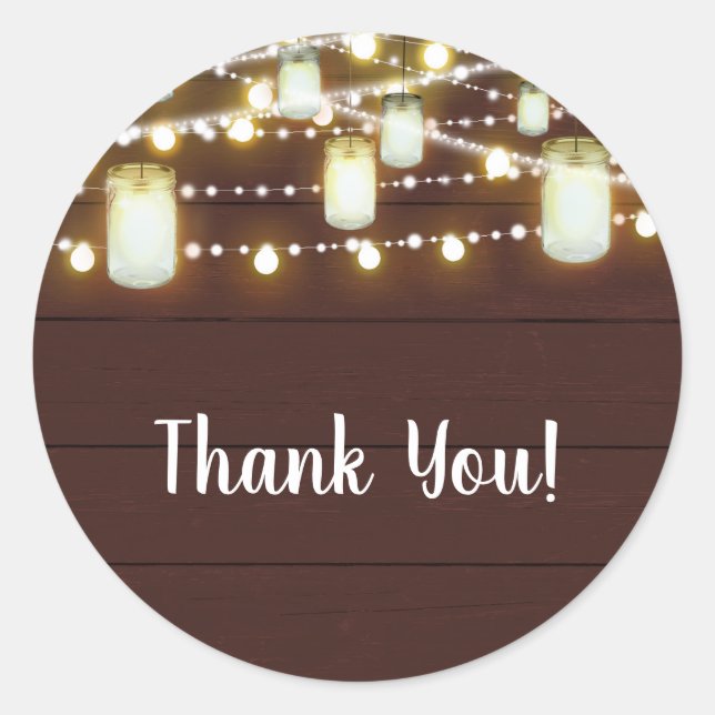 Brown Wood & String Lights Country Rustic Party Classic Round Sticker (Front)