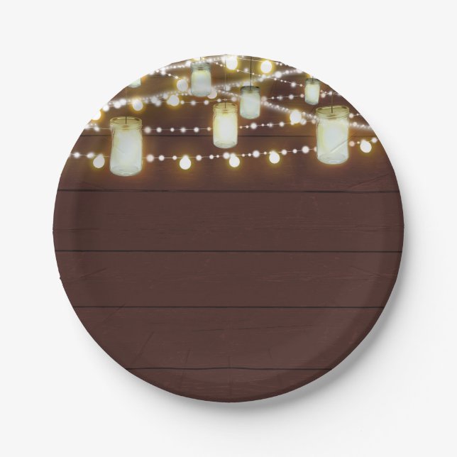 Brown Wood & String Lights Country Rustic Party Paper Plate (Front)
