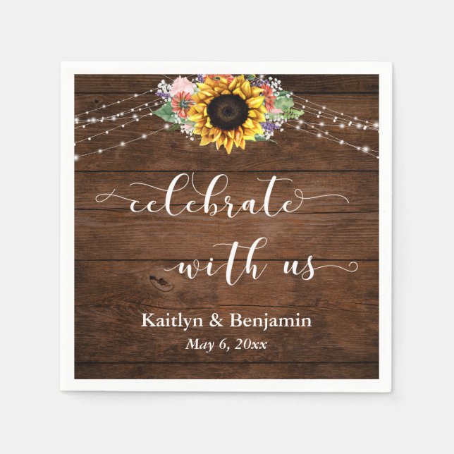 Brown Wood Sunflower Lights Celebrate with Us Napkin (Front)