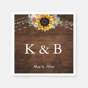 Brown Wood Sunflower Lights Initials & Date Napkin