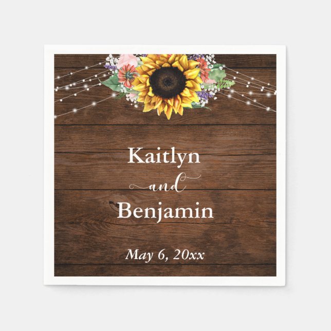 Brown Wood Sunflower Lights Names & Date Napkin (Front)