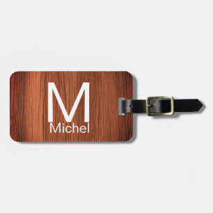 Brown wood texture lines add monogram letter name luggage tag