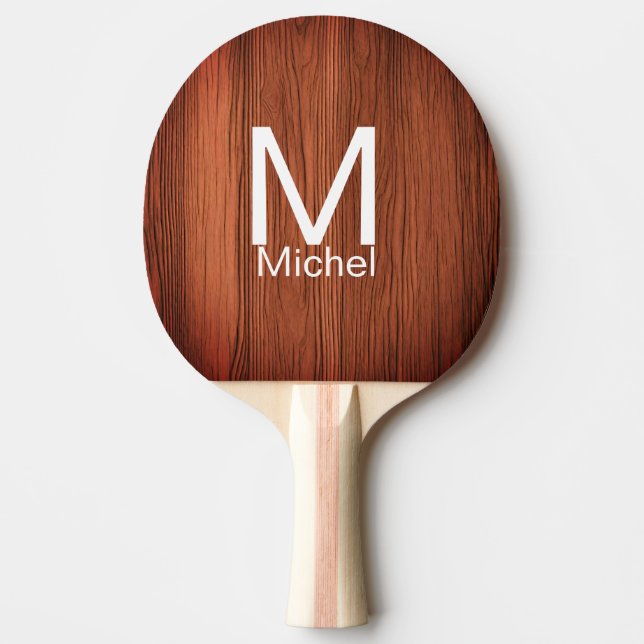 Brown wood texture lines add monogram letter name  ping pong paddle (Front)