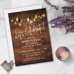 Brown Wood Wall with Edison Lights Let's Celebrate Invitation<br><div class="desc">This modern, rustic wedding reception card features a rich, dark brown wooden wall overlaid with Edison light bulbs. I've used a modern handwritten font to render a graphic depicting the words "Let's Celebrate!". Your own text is easily added for customizing this template as little or much as you wish. Use...</div>