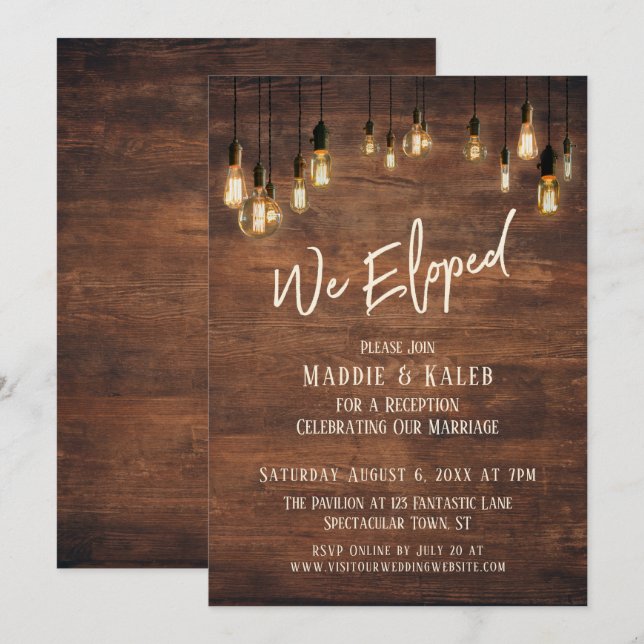 Brown Wood Wall with Edison Lights, We Eloped Invitation (Front/Back)