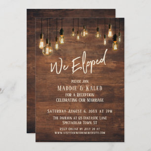 Brown Wood Wall with Edison Lights, We Eloped Invitation