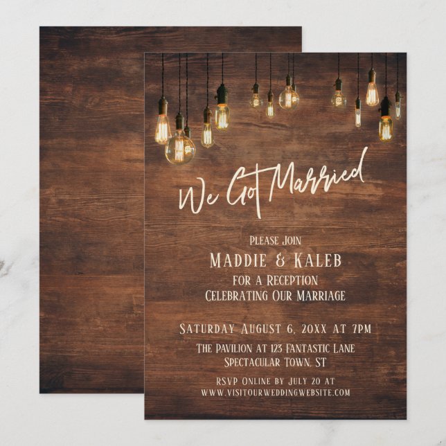 Brown Wood Wall with Edison Lights, We Got Married Invitation (Front/Back)