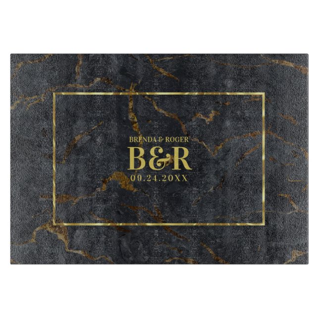 Brown Wood Wedding Monogram Typography Design Cutting Board (Front)