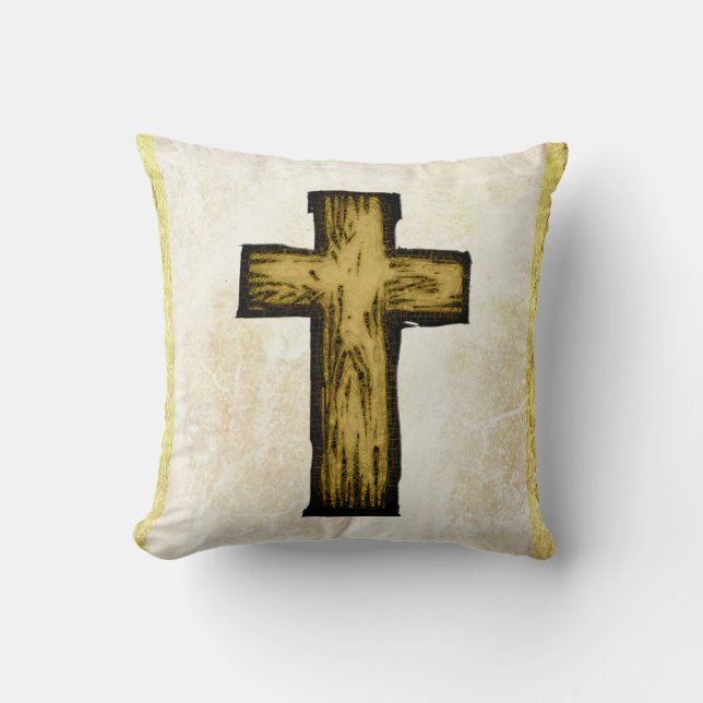 Brown Wooden Cross Symbol of Hope and Inspiration Throw Pillow (Front)