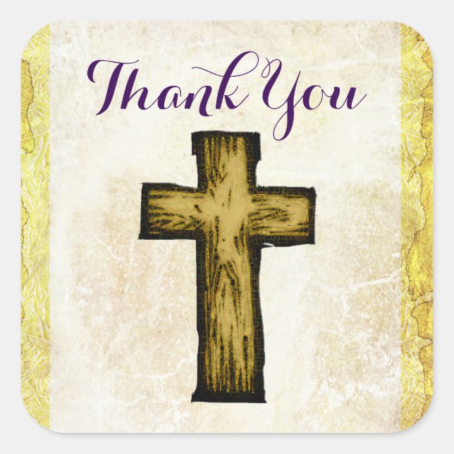Brown Wooden Cross Thank You Square Sticker (Front)