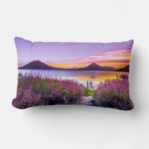 brown wooden dock between lavender flower field lumbar pillow