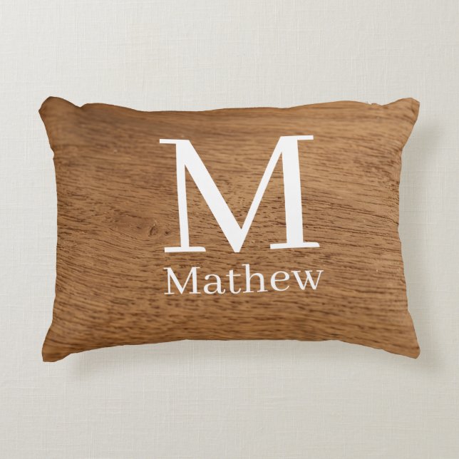 brown wooden frame rustic name monogram pattern si accent pillow (Front)