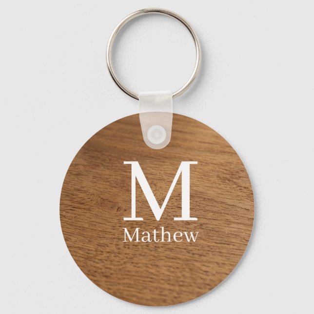 brown wooden frame rustic name monogram pattern si keychain (Front)