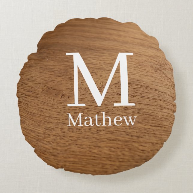 brown wooden frame rustic name monogram pattern si round pillow (Front)