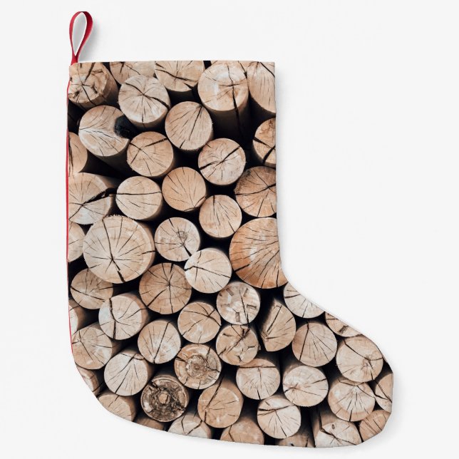 Brown wooden log lot small christmas stocking (Front)