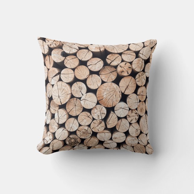 Brown wooden log lot throw pillow (Front)