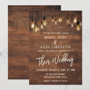 Brown Wooden Wall Edison Lights Typography Wedding Invitation
