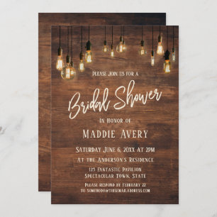 Brown Wooden Wall w/ Edison Lights Bridal Shower Invitation