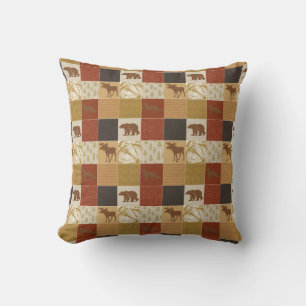 Brown Woodland Bears Patchwork Moose Fox Wildlife Throw Pillow
