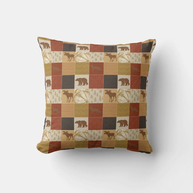 Brown Woodland Bears Patchwork Moose Fox Wildlife Throw Pillow (Front)