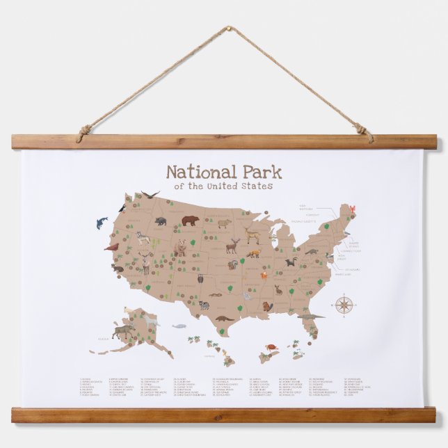 Brown Woodland National Parks Map Nursery Decor Hanging Tapestry (Front)