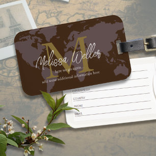 Brown World Map Traveller Modern & Elegant Monogra Luggage Tag