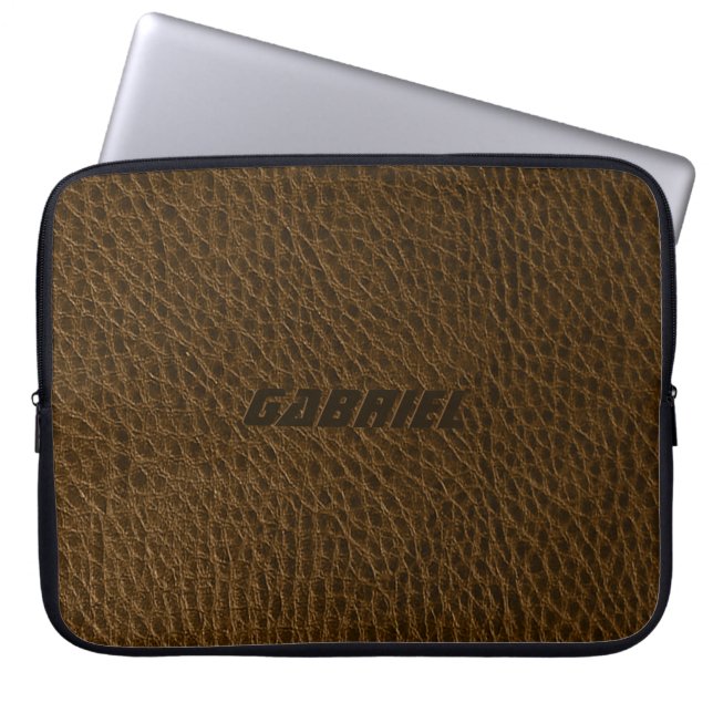 Brown Worn-Out Faux Leather Look Monogram Laptop Sleeve (Front)