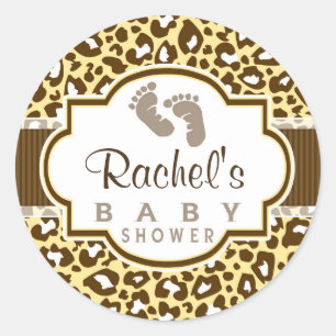 Brown, Yellow Leopard Animal Print Baby Shower Classic Round Sticker