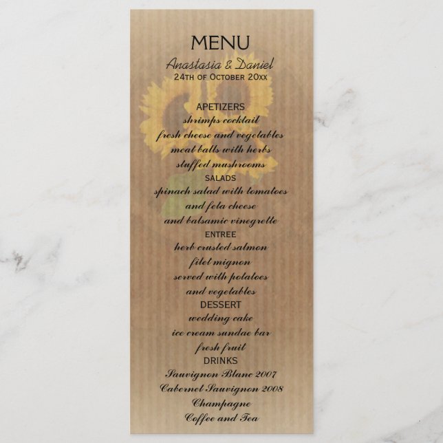 Brown yellow rustic sunflowers wedding menu card (Front)