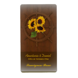 Brown yellow rustic sunflowers wedding wine label