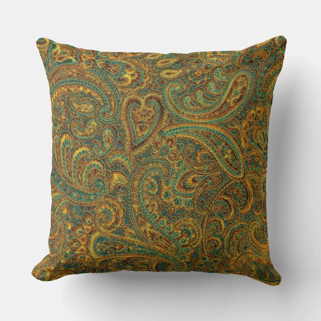 Brown & Yellow Rustic Vintage Paisley Pattern Throw Pillow (Front)