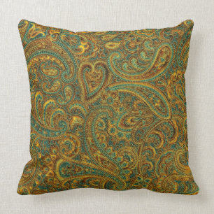 Brown & Yellow Rustic Vintage Paisley Pattern Throw Pillow