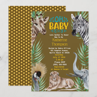  Brown Yellow Safari Jungle Animals Baby Shower  Invitation