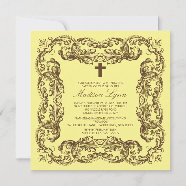 Brown & Yellow Vintage Frame Baptism Invitation (Front)