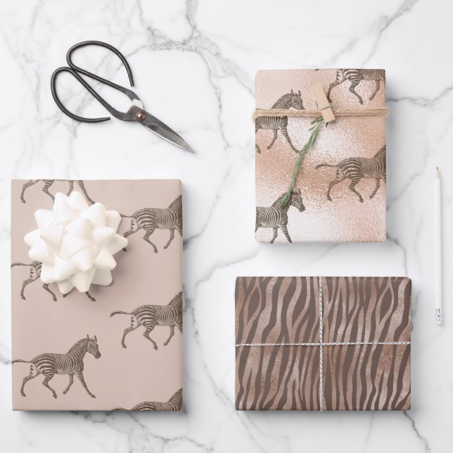 Brown Zebra Blush Peach Ombre Wrapping Paper Sheet (Front)