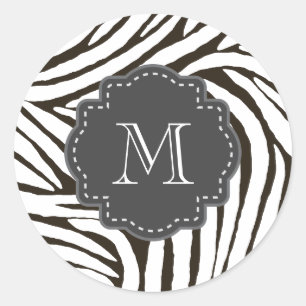 Brown Zebra Print Monogram Classic Round Sticker