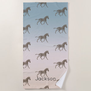 Brown Zebras Cream Blue Ombre Personalized Beach Towel