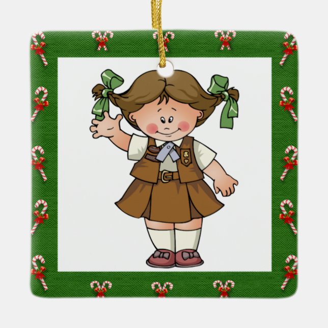 Brownie Brunette Green Frame Candycanes Ceramic Ornament (Front)