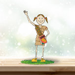 Brownie Girl Scouting | Brunette Photo Sculpture Ornament<br><div class="desc">Cute,  brunette,  brownie in ponytails wearing a brown uniform and sash,  red cookie box,  standing in grass waving.</div>