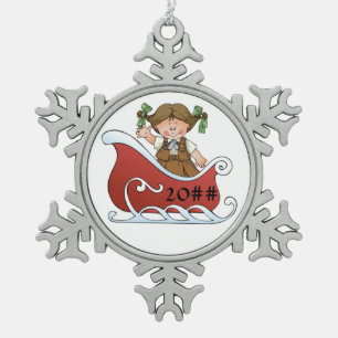 Brownie Scout Sled Brunette Snowflake Pewter Christmas Ornament