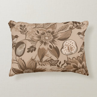 Brownish Floral and Birds Accent Pillow