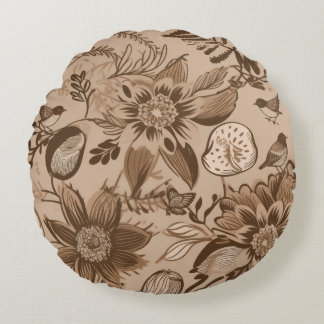 Brownish Floral and Birds Round Pillow
