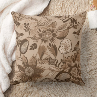 Brownish Floral and Birds Throw Pillow
