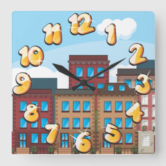 Brownstone Buildings Square Wall Clock