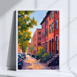 Brownstone City Street   Boston Brick Watercolor  Poster