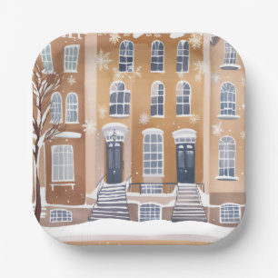 Brownstone Homes Snowy City Street Watercolor Paper Plate